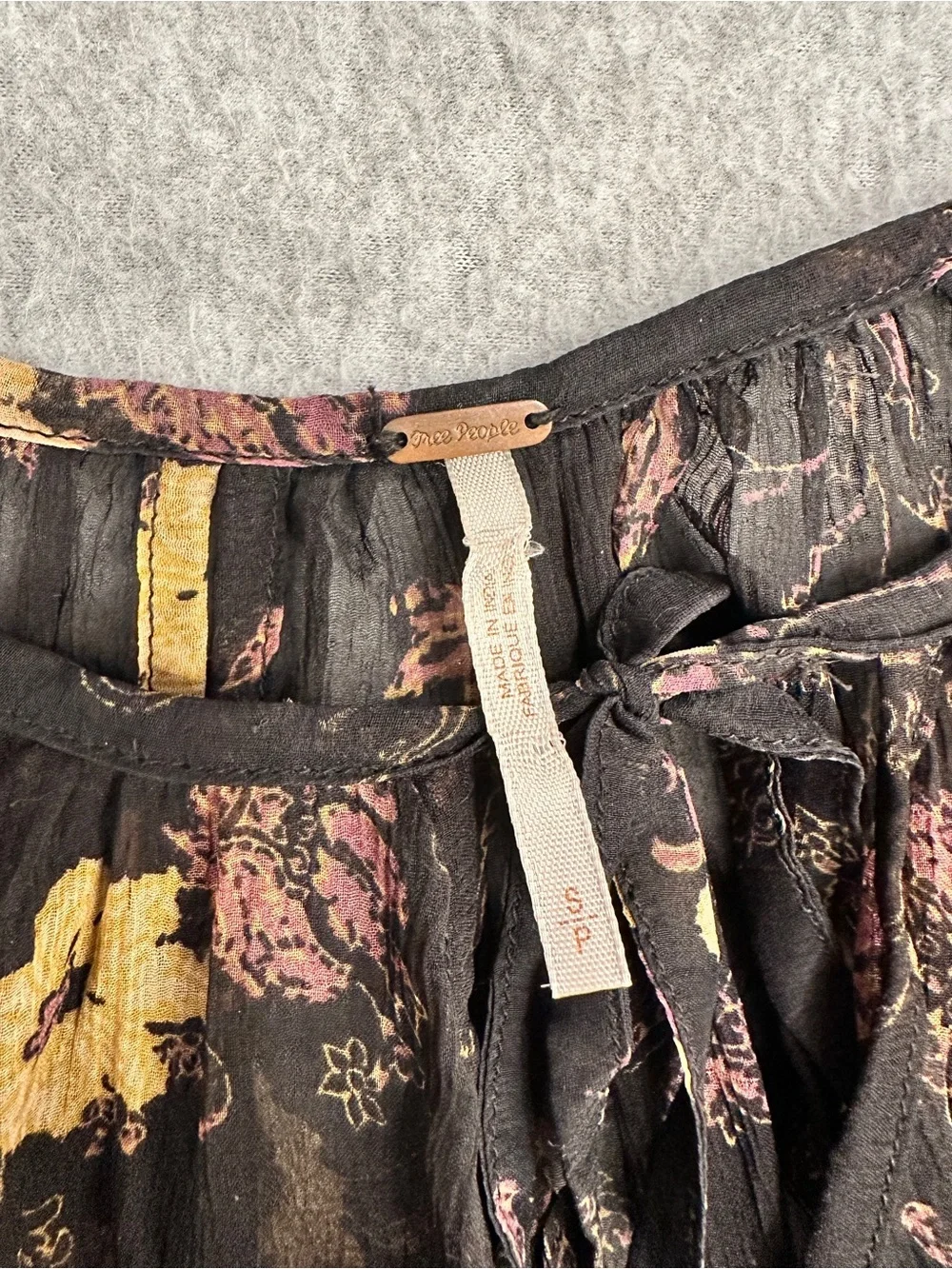Free People Black Sheer Floral Tie-Neck Blouse